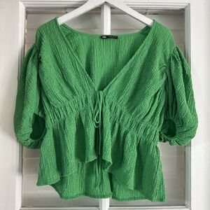 Zara Ballon Sleeve Textured Tie Blouse, Romantic, Peasant, Green - Size M